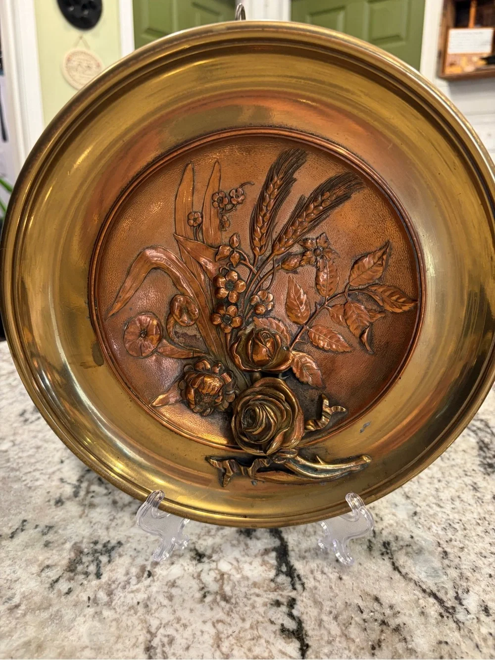 Decorative Floral Relief Metal Wall Plate - Brass Finish